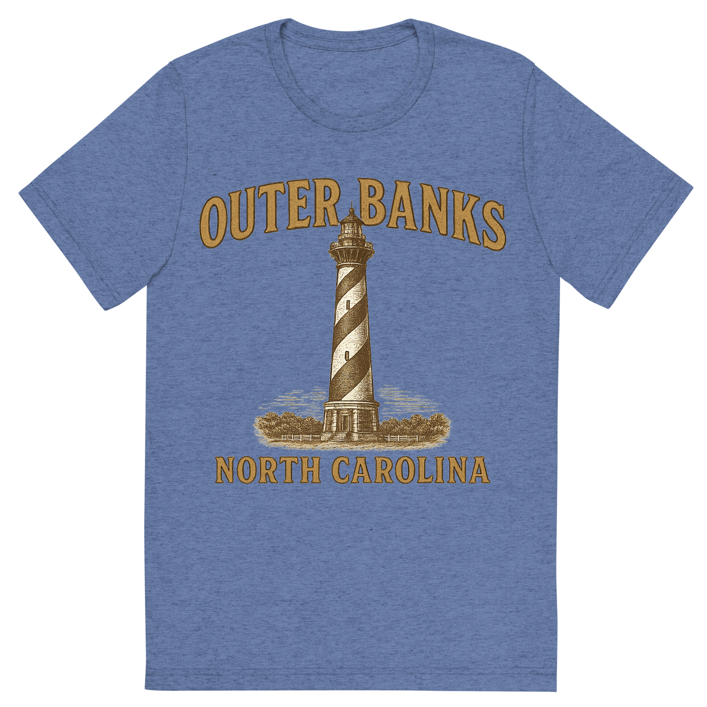 Front view of a Premium Tri-Blend Crew Neck T-Shirt in Blue showing 'A typographic, nostalgic graphic of a typographic illustration of the words 'outer banks, north carolina' with a vintage line art drawing of the cape hatteras lighthouse'