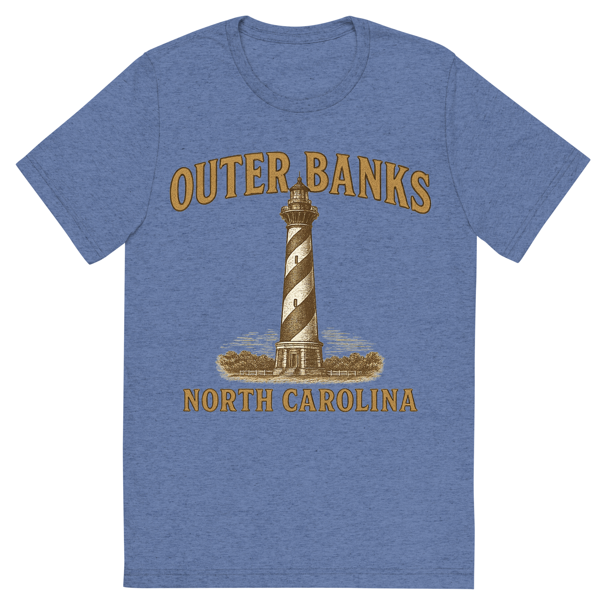 Front view of a Premium Tri-Blend Crew Neck T-Shirt in Blue showing 'A typographic, nostalgic graphic of a typographic illustration of the words 'outer banks, north carolina' with a vintage line art drawing of the cape hatteras lighthouse'