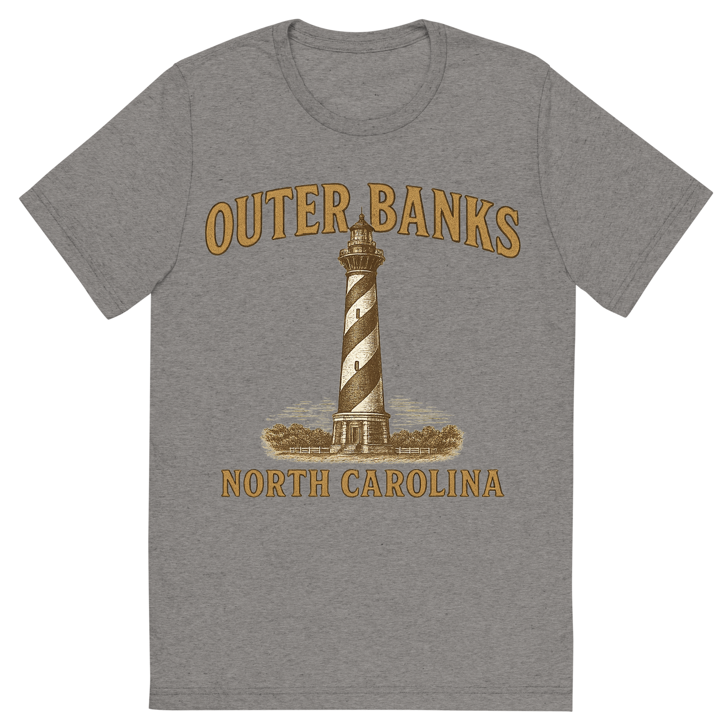 Front view of a Premium Tri-Blend Crew Neck T-Shirt in Grey showing 'A typographic, nostalgic graphic of a typographic illustration of the words 'outer banks, north carolina' with a vintage line art drawing of the cape hatteras lighthouse'