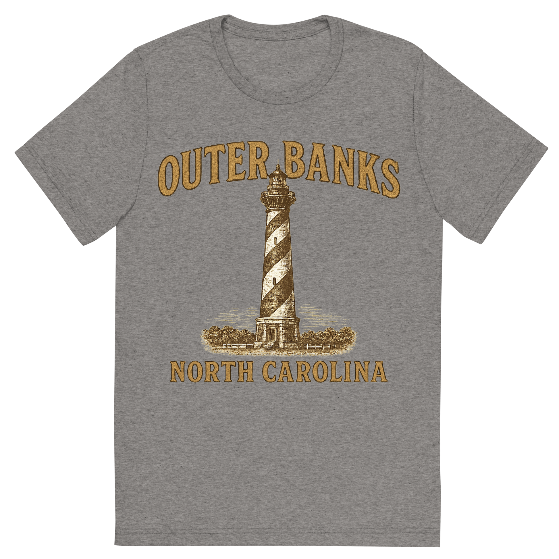 Front view of a Premium Tri-Blend Crew Neck T-Shirt in Grey showing 'A typographic, nostalgic graphic of a typographic illustration of the words 'outer banks, north carolina' with a vintage line art drawing of the cape hatteras lighthouse'