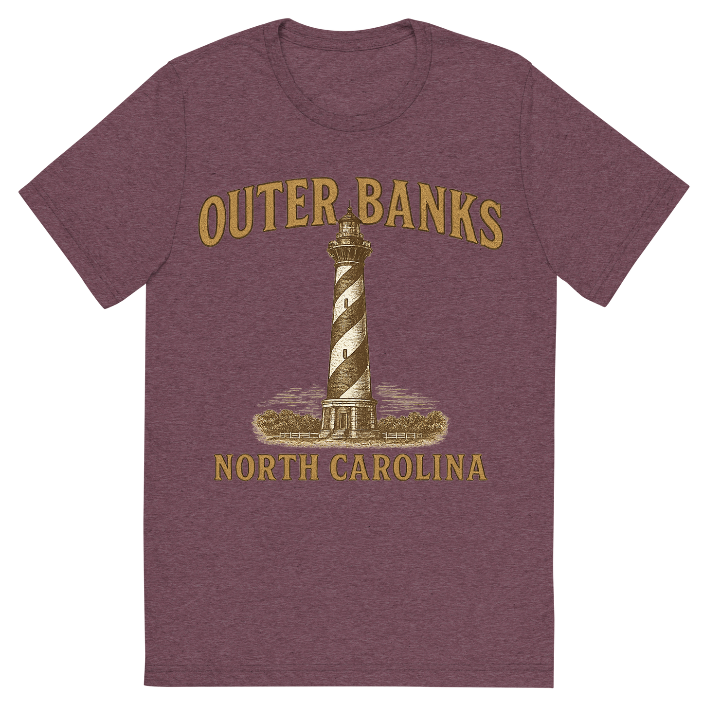 Front view of a Premium Tri-Blend Crew Neck T-Shirt in Maroon showing 'A typographic, nostalgic graphic of a typographic illustration of the words 'outer banks, north carolina' with a vintage line art drawing of the cape hatteras lighthouse'