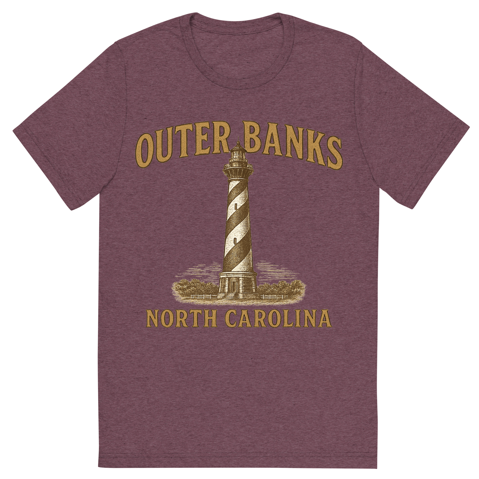 Front view of a Premium Tri-Blend Crew Neck T-Shirt in Maroon showing 'A typographic, nostalgic graphic of a typographic illustration of the words 'outer banks, north carolina' with a vintage line art drawing of the cape hatteras lighthouse'