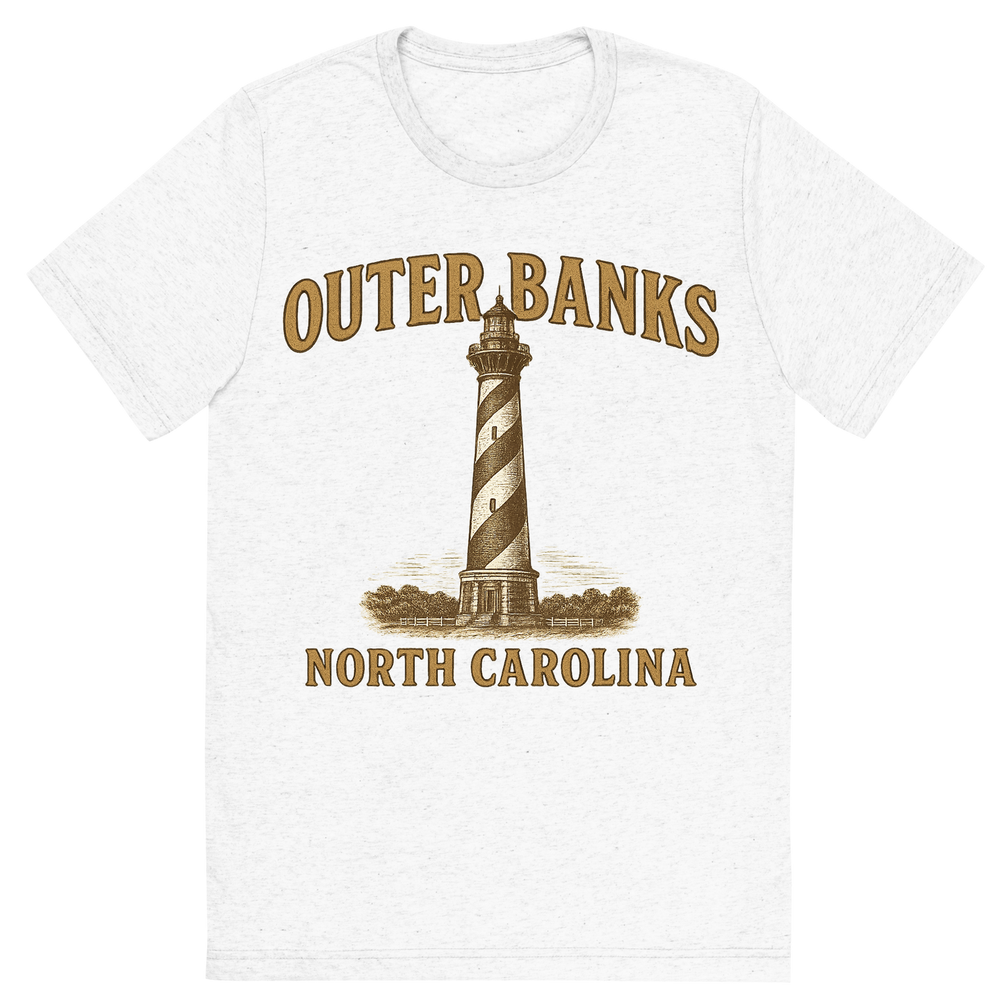 Front view of a Premium Tri-Blend Crew Neck T-Shirt in Solid White showing 'A typographic, nostalgic graphic of a typographic illustration of the words 'outer banks, north carolina' with a vintage line art drawing of the cape hatteras lighthouse'