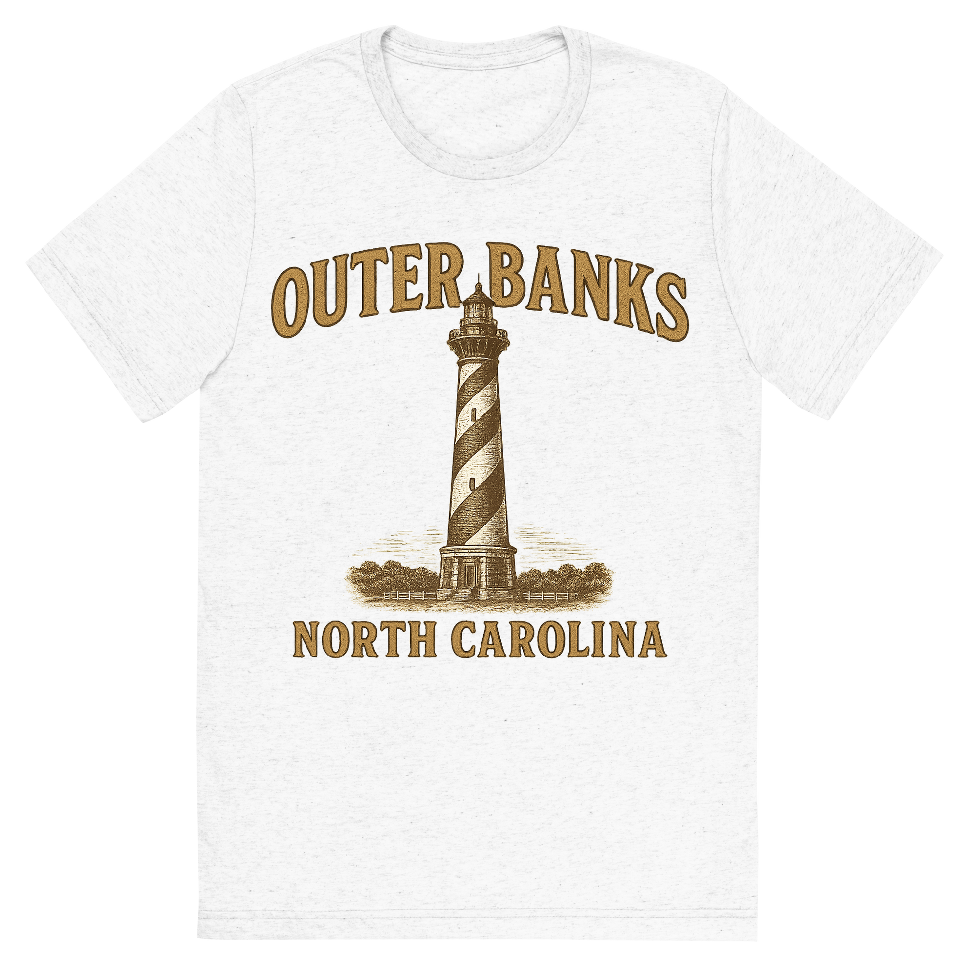 Front view of a Premium Tri-Blend Crew Neck T-Shirt in Solid White showing 'A typographic, nostalgic graphic of a typographic illustration of the words 'outer banks, north carolina' with a vintage line art drawing of the cape hatteras lighthouse'