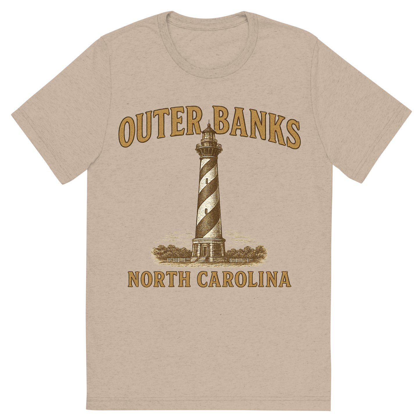 Front view of a Premium Tri-Blend Crew Neck T-Shirt in Tan showing 'A typographic, nostalgic graphic of a typographic illustration of the words 'outer banks, north carolina' with a vintage line art drawing of the cape hatteras lighthouse'