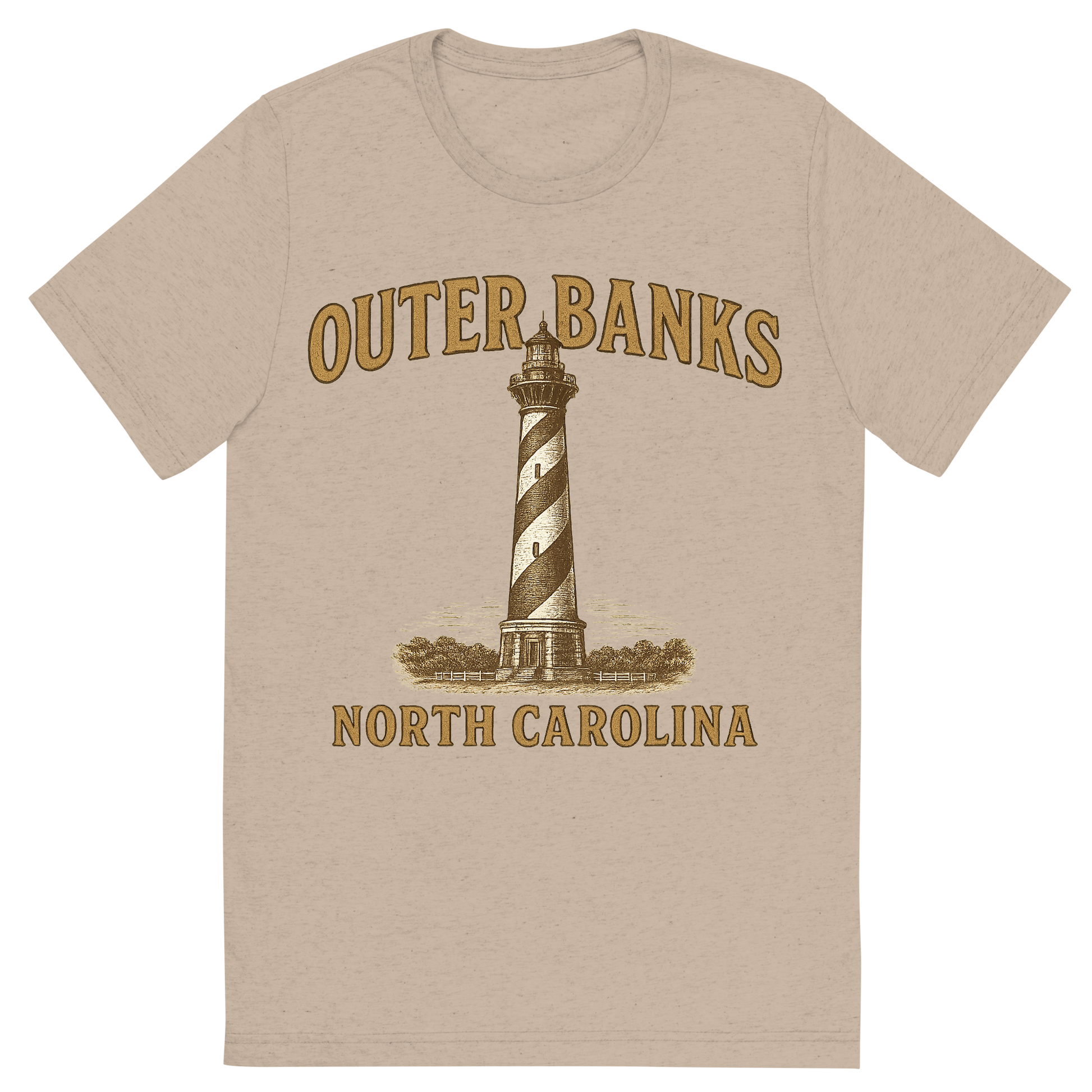 Front view of a Premium Tri-Blend Crew Neck T-Shirt in Tan showing 'A typographic, nostalgic graphic of a typographic illustration of the words 'outer banks, north carolina' with a vintage line art drawing of the cape hatteras lighthouse'
