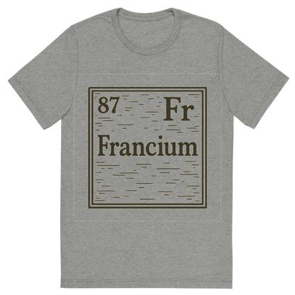 Front view of a Premium Tri-Blend Crew Neck T-Shirt in Athletic Grey showing 'A line art, nostalgic graphic of francium's entry on the periodic table, use a dark color for the lines and text'