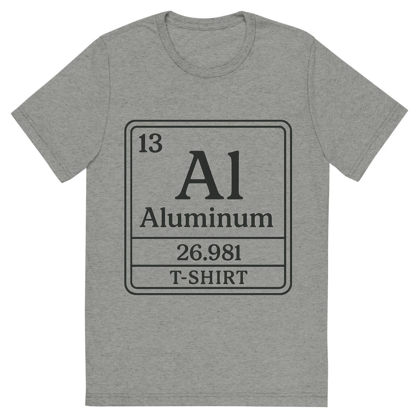Front view of a Premium Tri-Blend Crew Neck T-Shirt in Athletic Grey showing 'A line art, nostalgic graphic of aluminum's entry on the periodic table, use a dark color for the lines and text'
