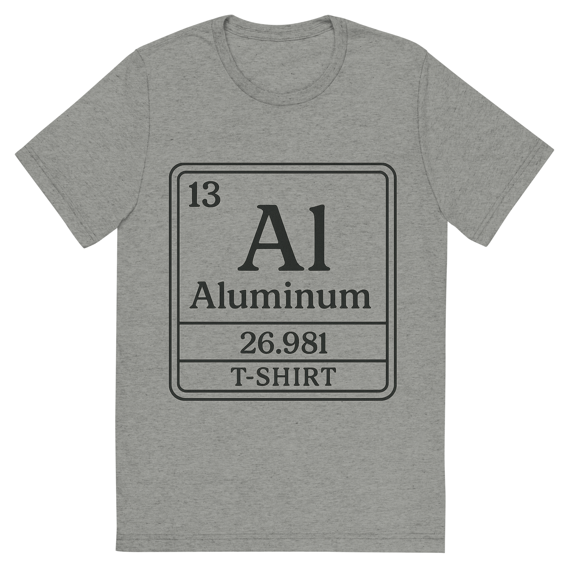 Front view of a Premium Tri-Blend Crew Neck T-Shirt in Athletic Grey showing 'A line art, nostalgic graphic of aluminum's entry on the periodic table, use a dark color for the lines and text'