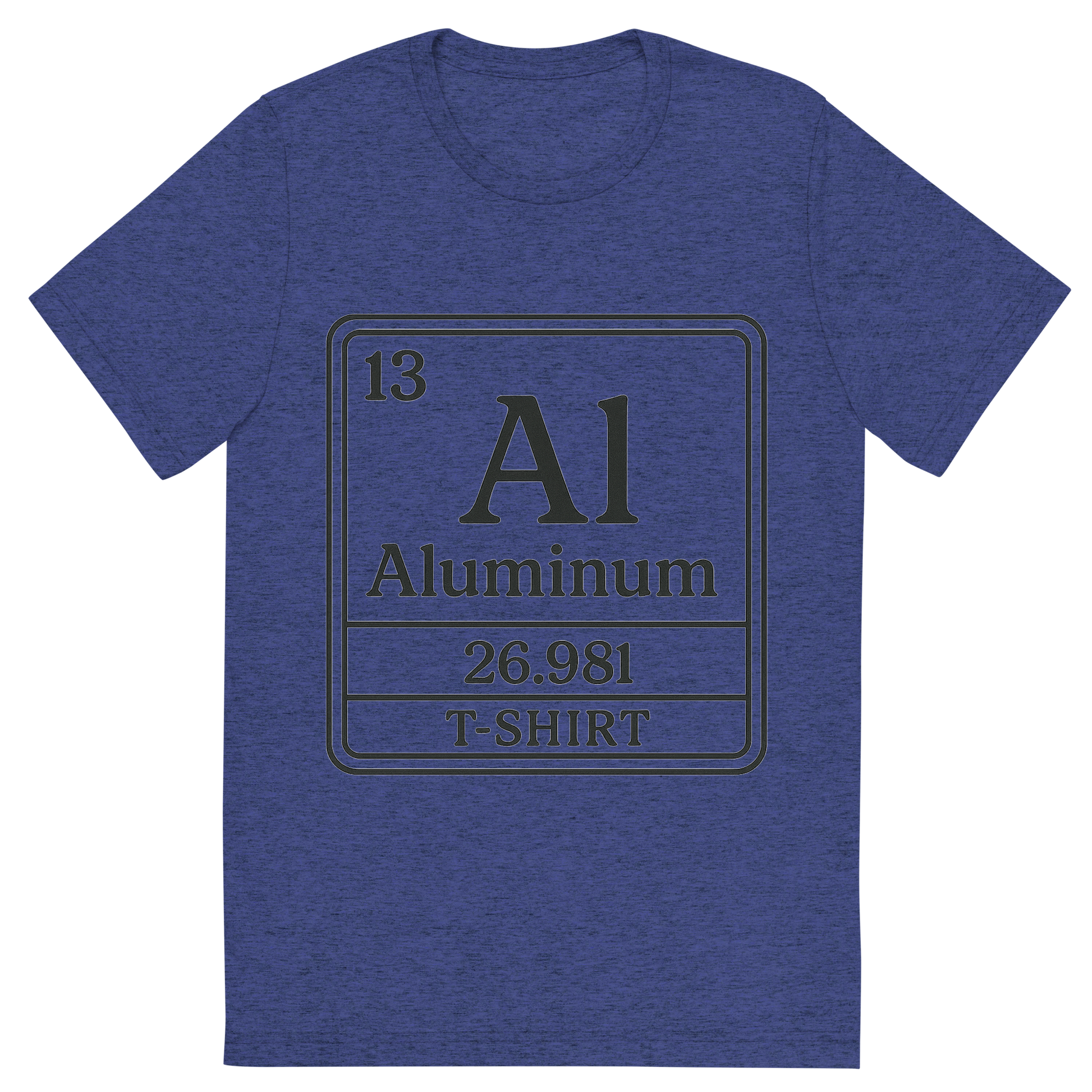 Front view of a Premium Tri-Blend Crew Neck T-Shirt in Navy showing 'A line art, nostalgic graphic of aluminum's entry on the periodic table, use a dark color for the lines and text'