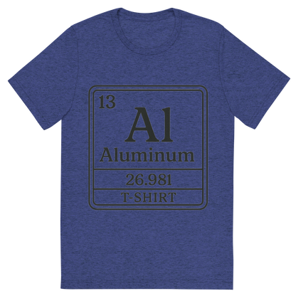 Front view of a Premium Tri-Blend Crew Neck T-Shirt in Navy showing 'A line art, nostalgic graphic of aluminum's entry on the periodic table, use a dark color for the lines and text'