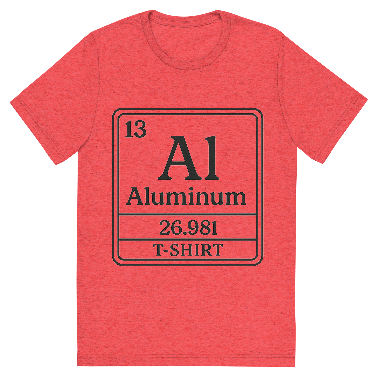 Front view of a Premium Tri-Blend Crew Neck T-Shirt in Red showing 'A line art, nostalgic graphic of aluminum's entry on the periodic table, use a dark color for the lines and text'