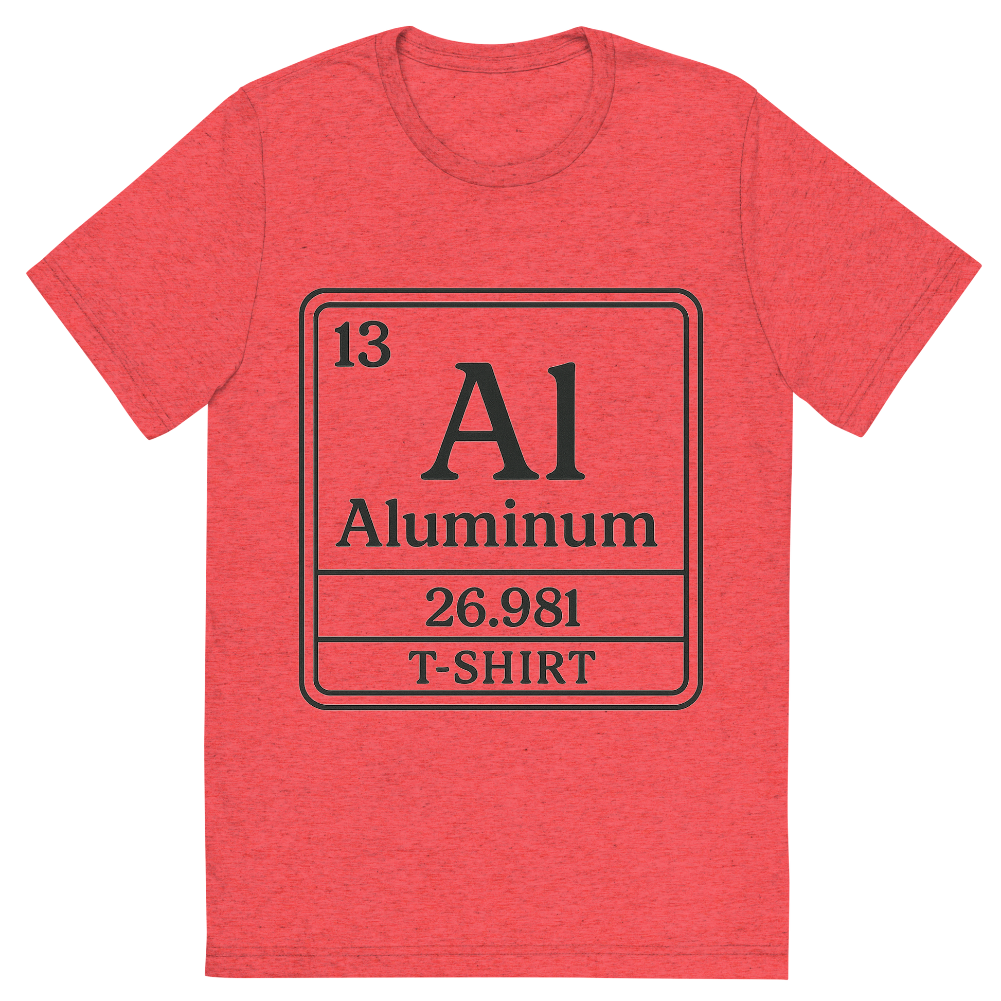 Front view of a Premium Tri-Blend Crew Neck T-Shirt in Red showing 'A line art, nostalgic graphic of aluminum's entry on the periodic table, use a dark color for the lines and text'
