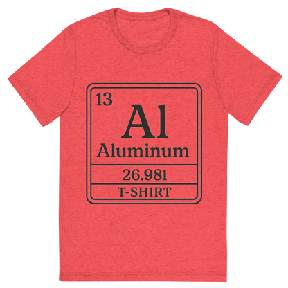 Front view of a Premium Tri-Blend Crew Neck T-Shirt in Red showing 'A line art, nostalgic graphic of aluminum's entry on the periodic table, use a dark color for the lines and text'