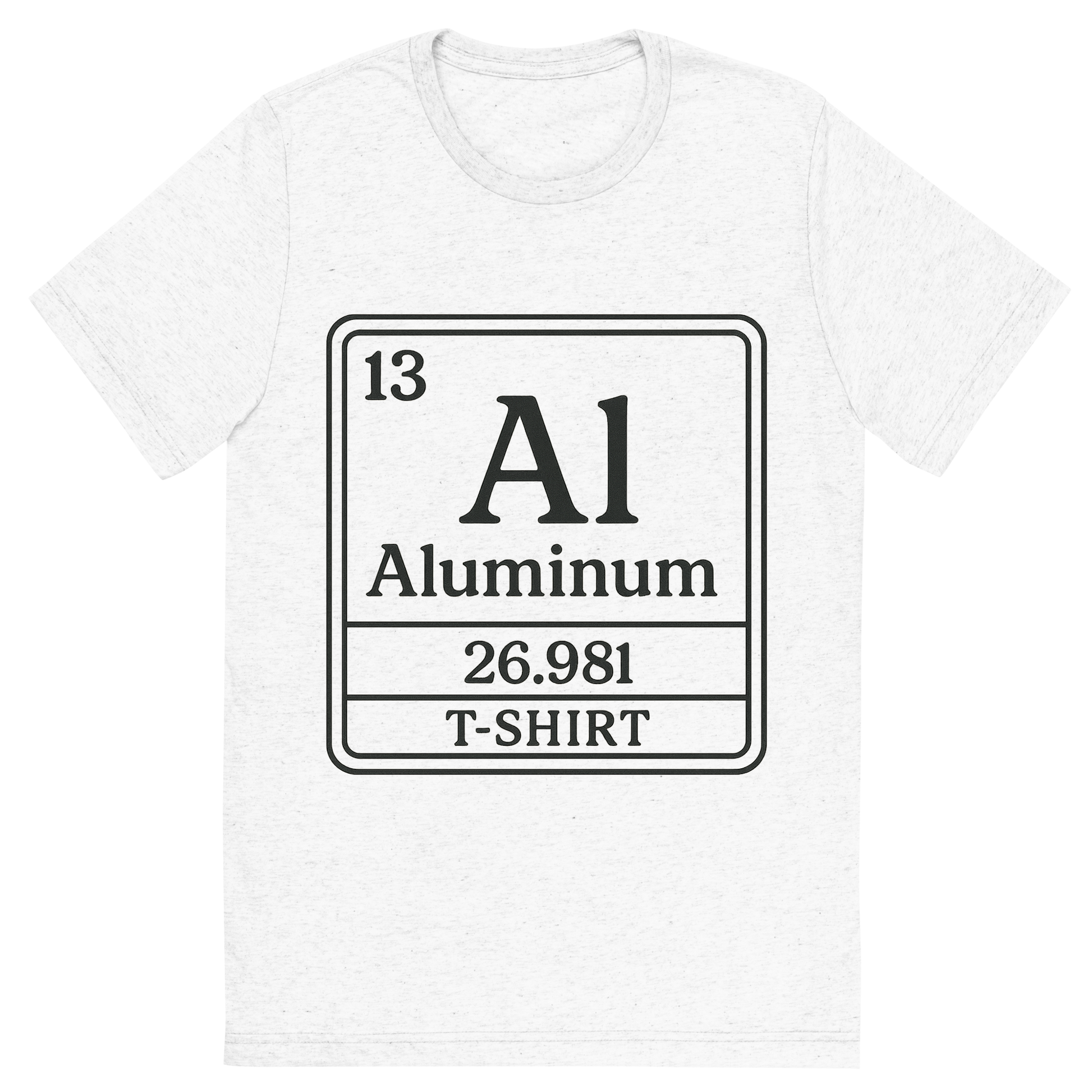 Front view of a Premium Tri-Blend Crew Neck T-Shirt in Solid White showing 'A line art, nostalgic graphic of aluminum's entry on the periodic table, use a dark color for the lines and text'