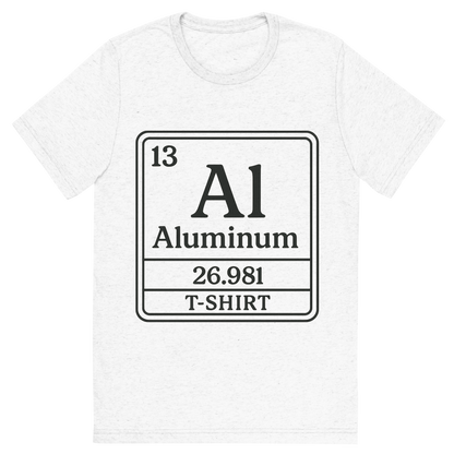 Front view of a Premium Tri-Blend Crew Neck T-Shirt in Solid White showing 'A line art, nostalgic graphic of aluminum's entry on the periodic table, use a dark color for the lines and text'