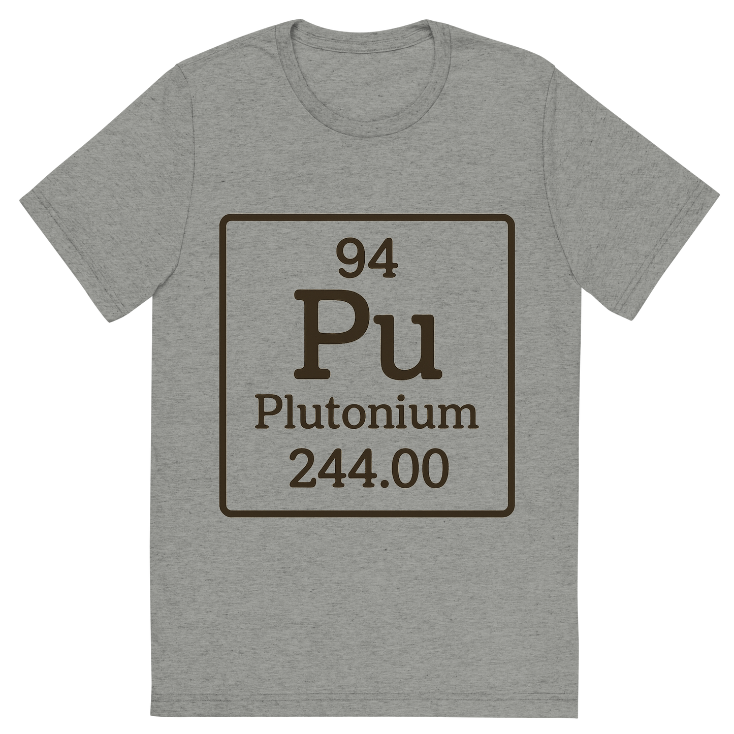 Front view of a Premium Tri-Blend Crew Neck T-Shirt in Athletic Grey showing 'A line art, nostalgic graphic of plutonium's entry on the periodic table, use a dark color for the lines and text'