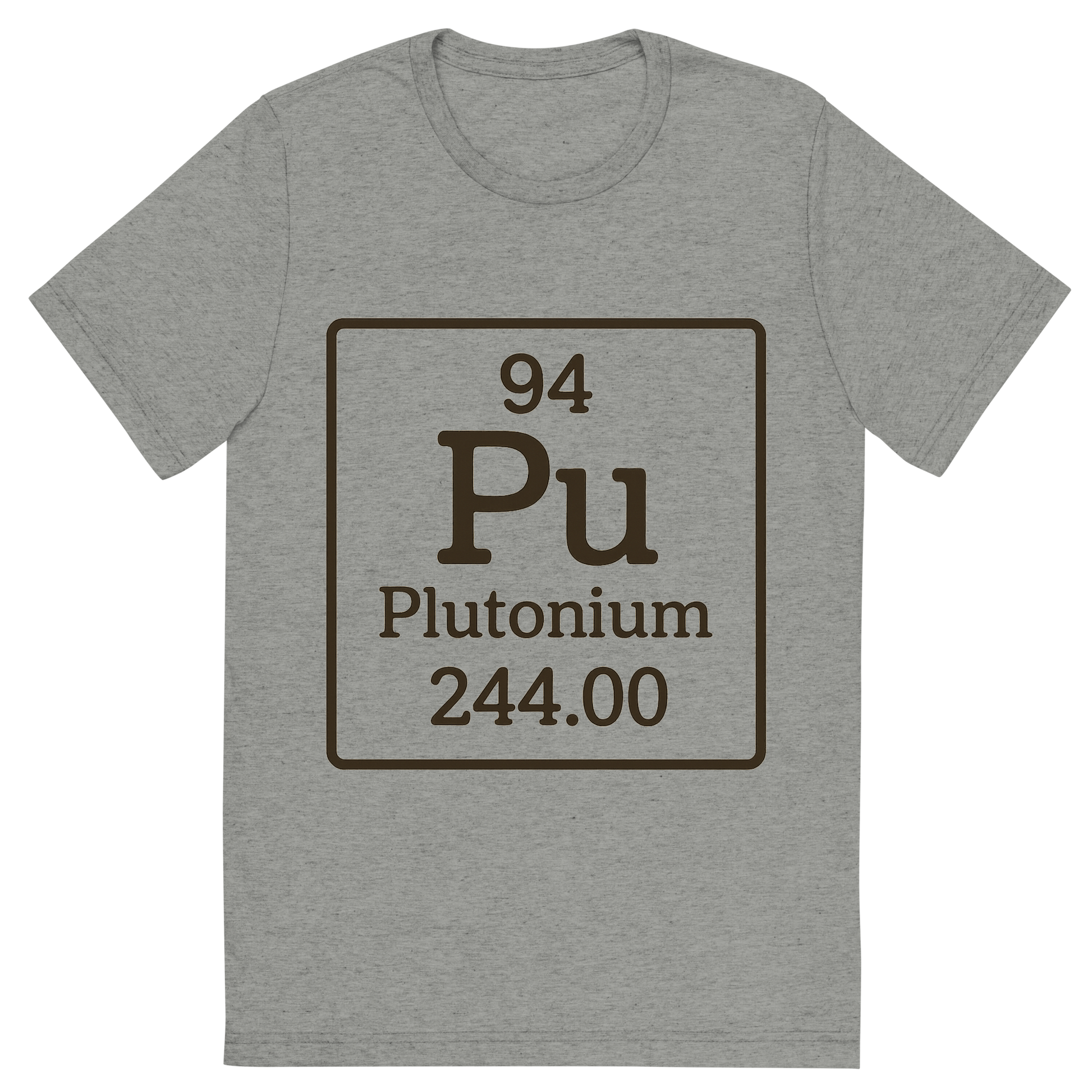 Front view of a Premium Tri-Blend Crew Neck T-Shirt in Athletic Grey showing 'A line art, nostalgic graphic of plutonium's entry on the periodic table, use a dark color for the lines and text'