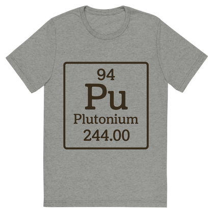 Front view of a Premium Tri-Blend Crew Neck T-Shirt in Athletic Grey showing 'A line art, nostalgic graphic of plutonium's entry on the periodic table, use a dark color for the lines and text'