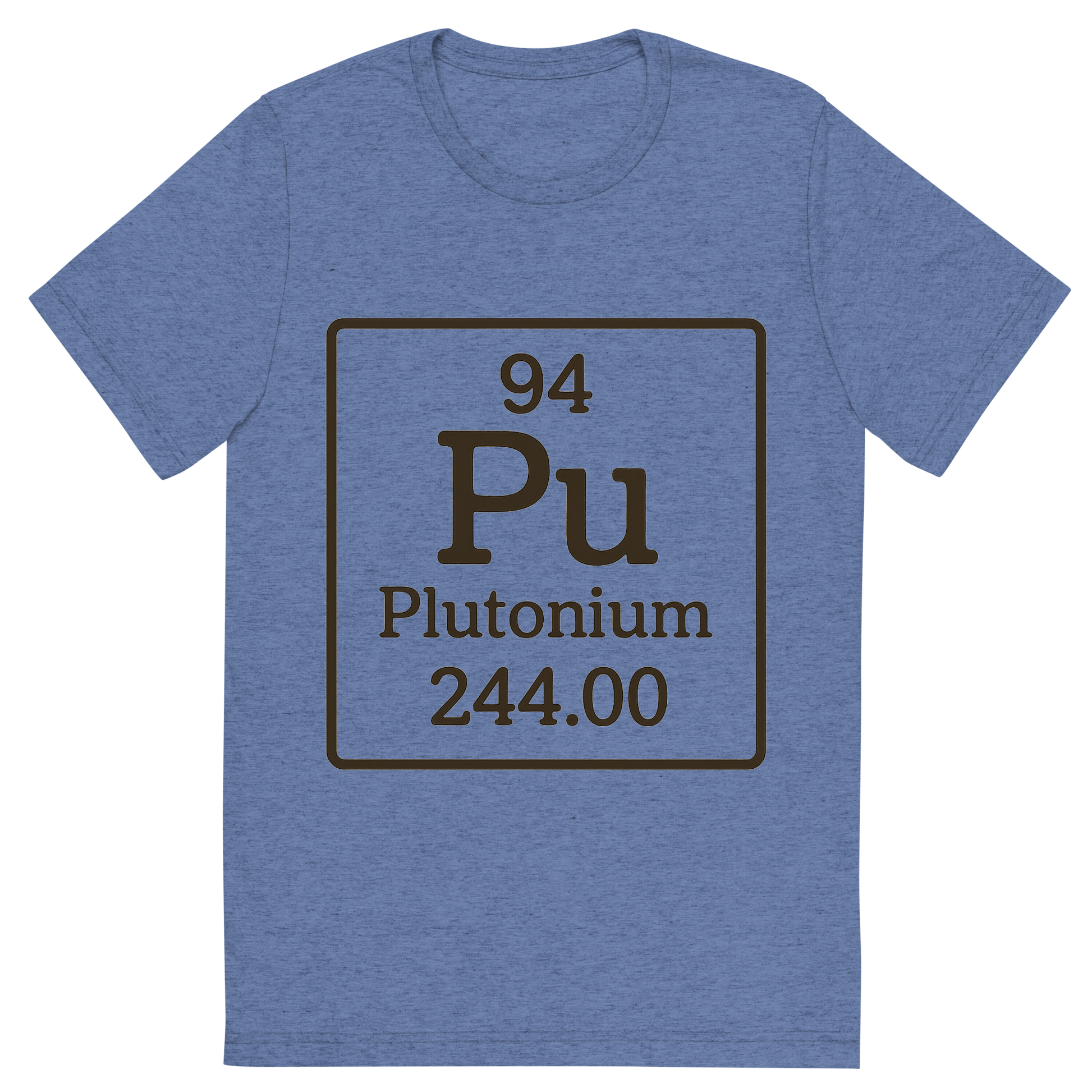 Front view of a Premium Tri-Blend Crew Neck T-Shirt in Blue showing 'A line art, nostalgic graphic of plutonium's entry on the periodic table, use a dark color for the lines and text'
