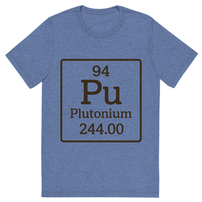 Front view of a Premium Tri-Blend Crew Neck T-Shirt in Blue showing 'A line art, nostalgic graphic of plutonium's entry on the periodic table, use a dark color for the lines and text'