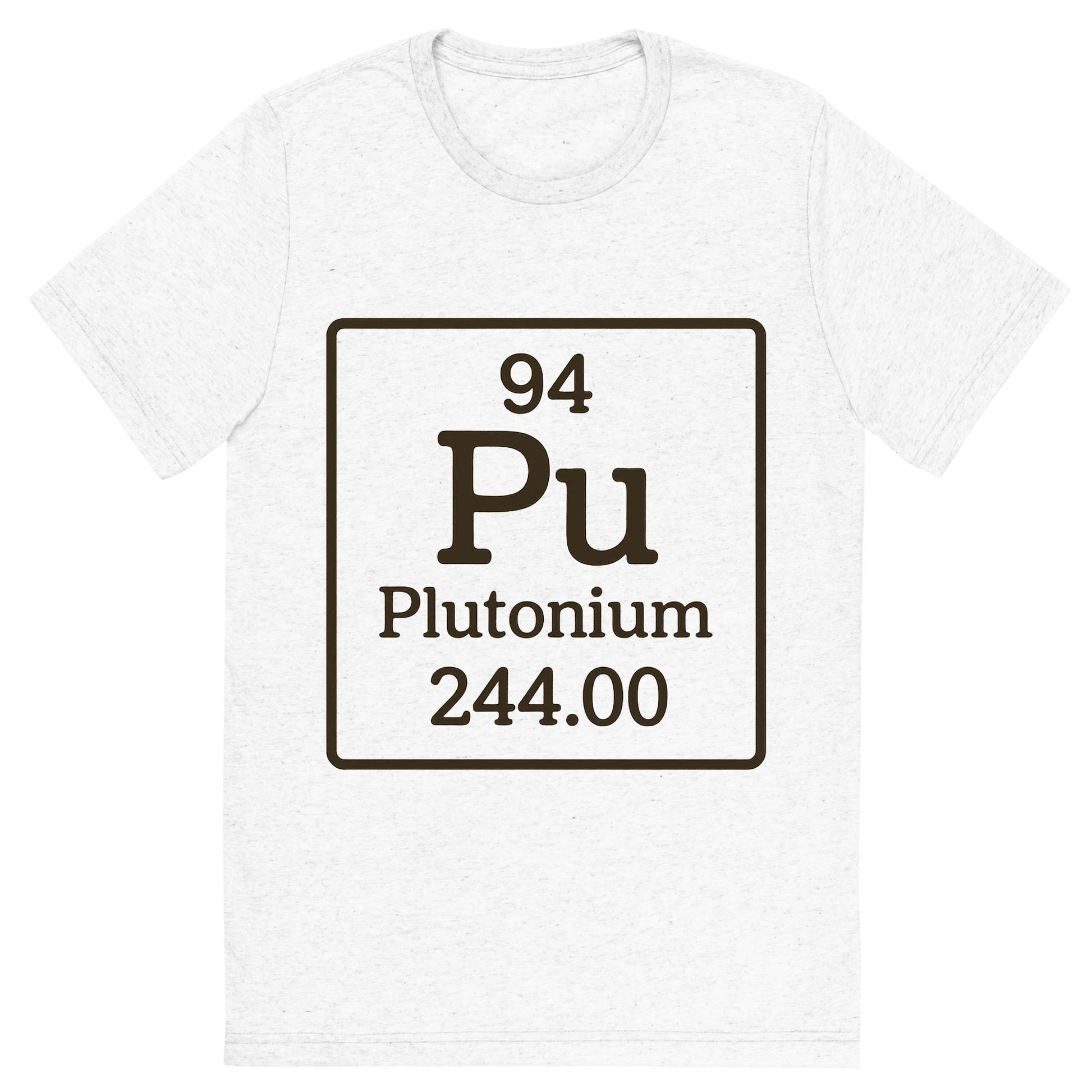 Front view of a Premium Tri-Blend Crew Neck T-Shirt in Solid White showing 'A line art, nostalgic graphic of plutonium's entry on the periodic table, use a dark color for the lines and text'