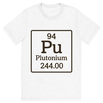 Front view of a Premium Tri-Blend Crew Neck T-Shirt in Solid White showing 'A line art, nostalgic graphic of plutonium's entry on the periodic table, use a dark color for the lines and text'