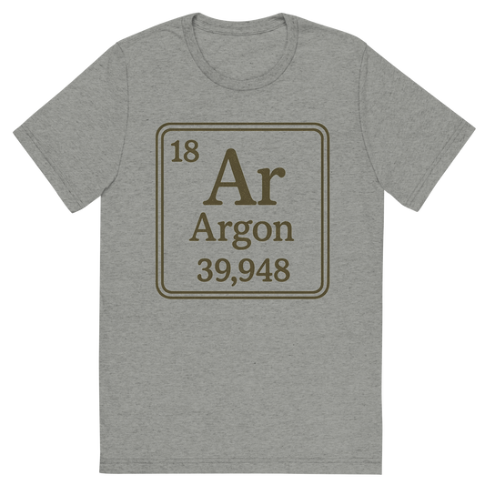 Front view of a Premium Tri-Blend Crew Neck T-Shirt in Athletic Grey showing 'A line art, nostalgic graphic of argon's entry on the periodic table, use a dark color for the lines and text'