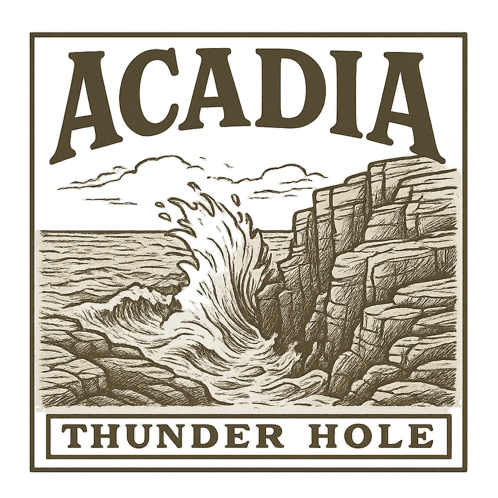 A typographic, nostalgic graphic of a typographic illustration of the words 'acadia' with a vintage line art drawing of thunder hole – a t-shirt design