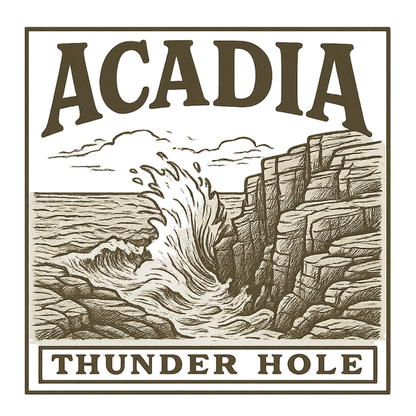 A typographic, nostalgic graphic of a typographic illustration of the words 'acadia' with a vintage line art drawing of thunder hole – a t-shirt design