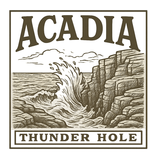 A typographic, nostalgic graphic of a typographic illustration of the words 'acadia' with a vintage line art drawing of thunder hole – a t-shirt design