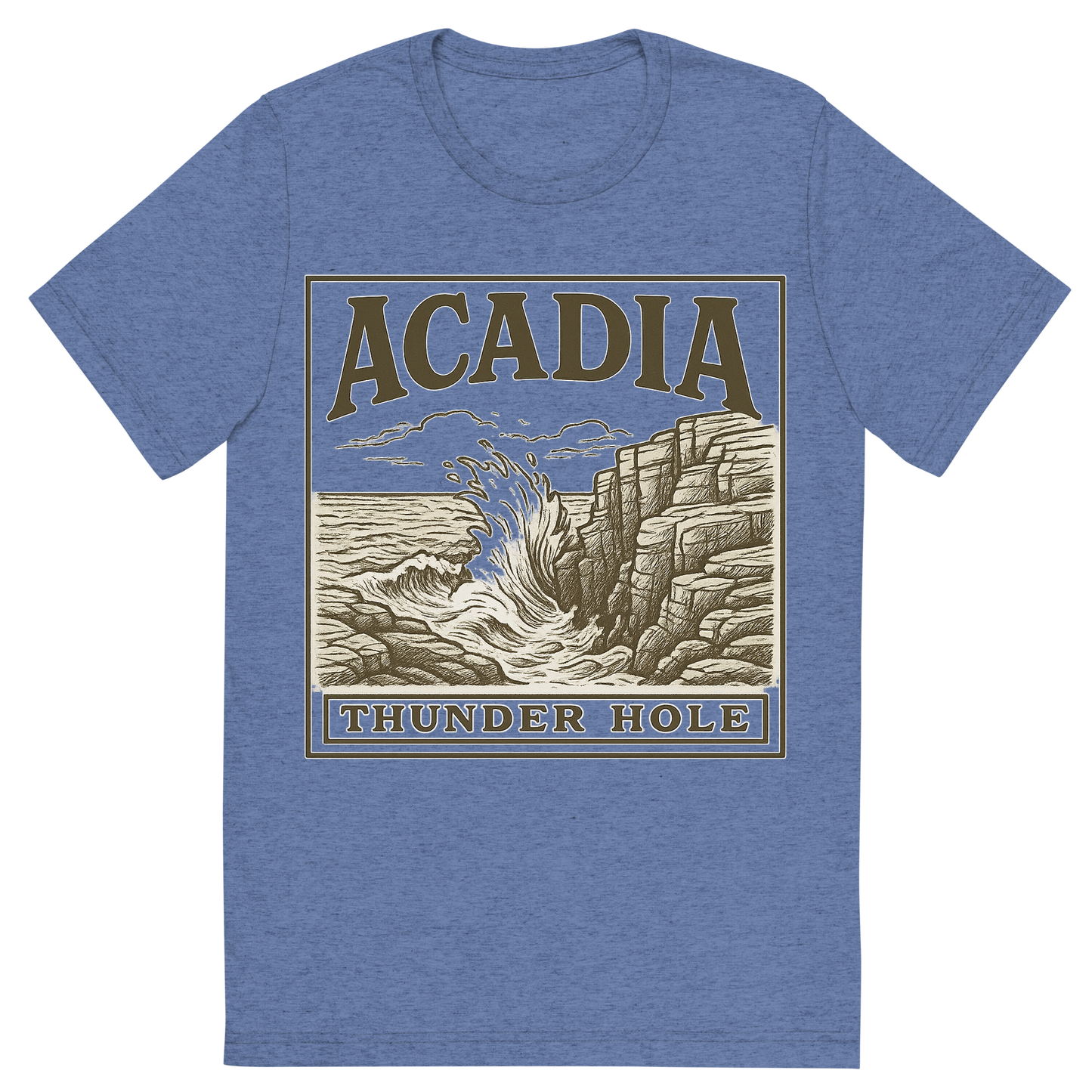 Front view of a Premium Tri-Blend Crew Neck T-Shirt in Blue showing 'A typographic, nostalgic graphic of a typographic illustration of the words 'acadia' with a vintage line art drawing of thunder hole'