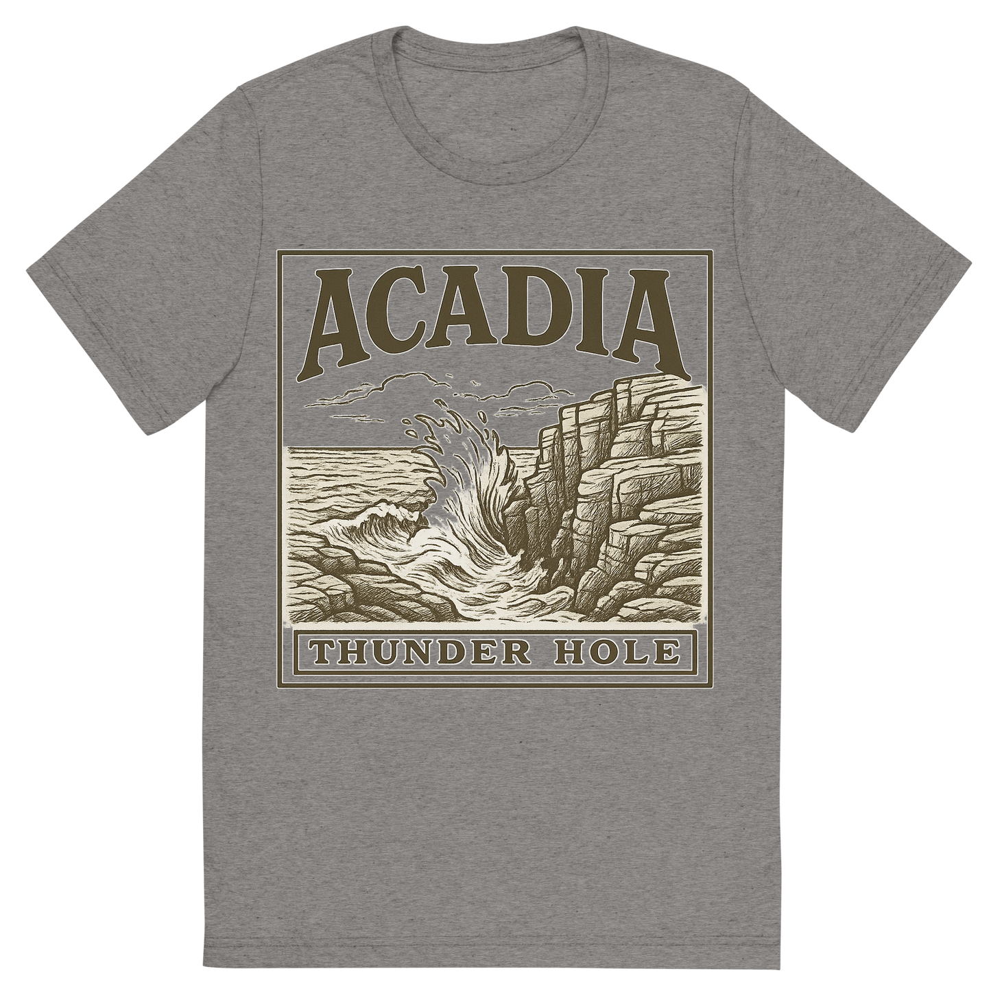 Front view of a Premium Tri-Blend Crew Neck T-Shirt in Grey showing 'A typographic, nostalgic graphic of a typographic illustration of the words 'acadia' with a vintage line art drawing of thunder hole'