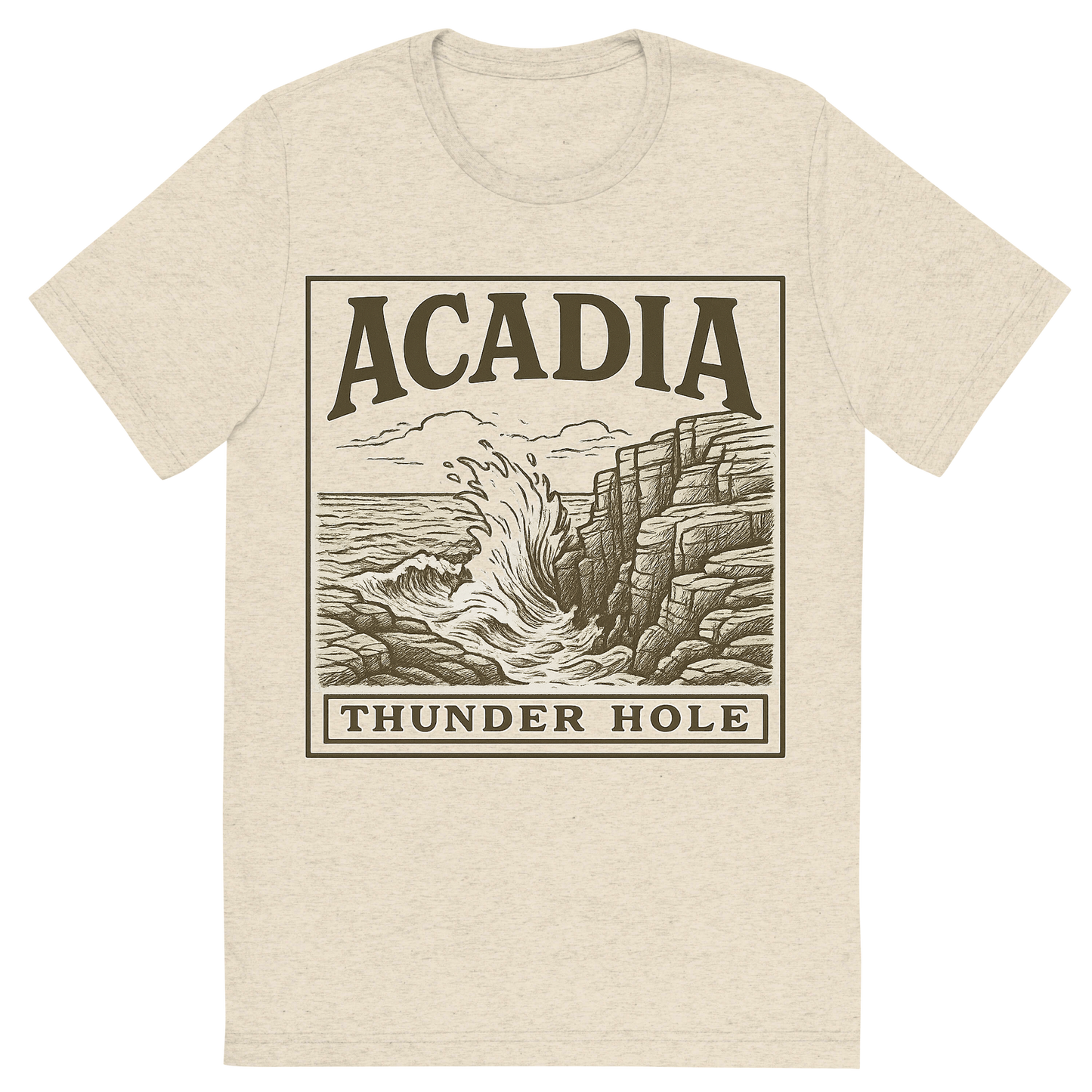 Front view of a Premium Tri-Blend Crew Neck T-Shirt in Oatmeal showing 'A typographic, nostalgic graphic of a typographic illustration of the words 'acadia' with a vintage line art drawing of thunder hole'