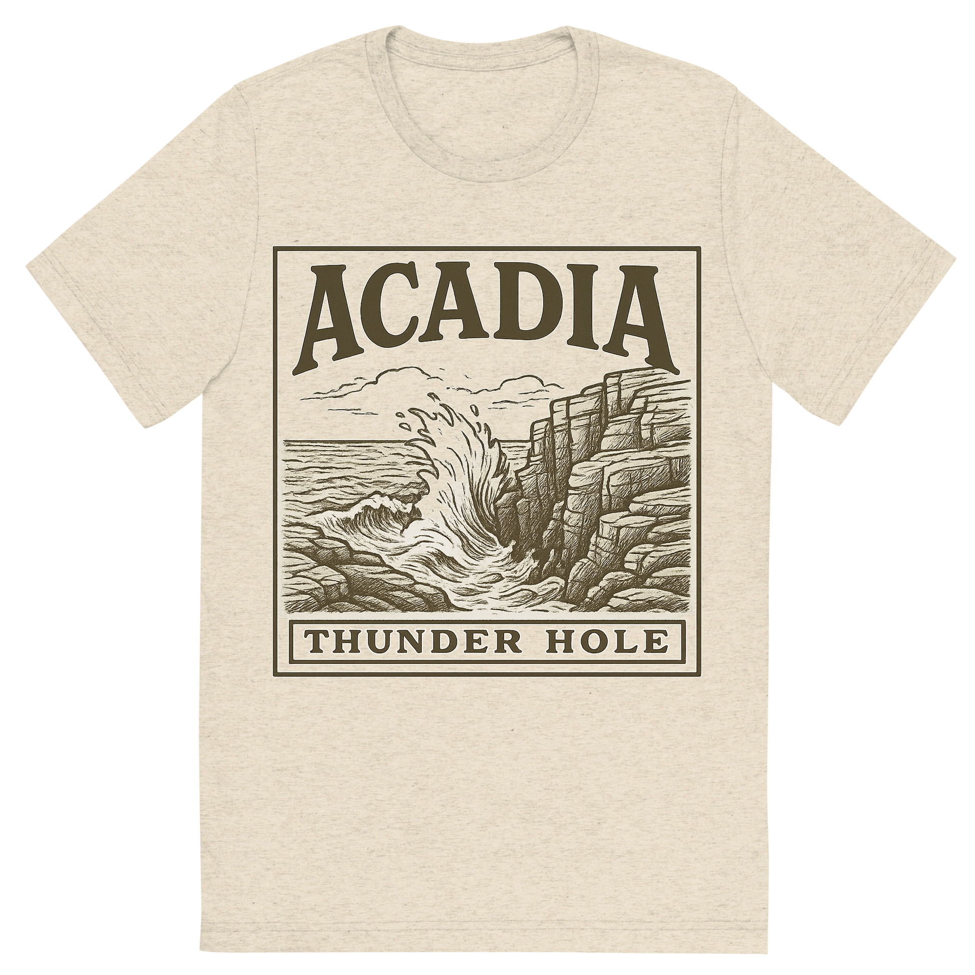 Front view of a Premium Tri-Blend Crew Neck T-Shirt in Oatmeal showing 'A typographic, nostalgic graphic of a typographic illustration of the words 'acadia' with a vintage line art drawing of thunder hole'