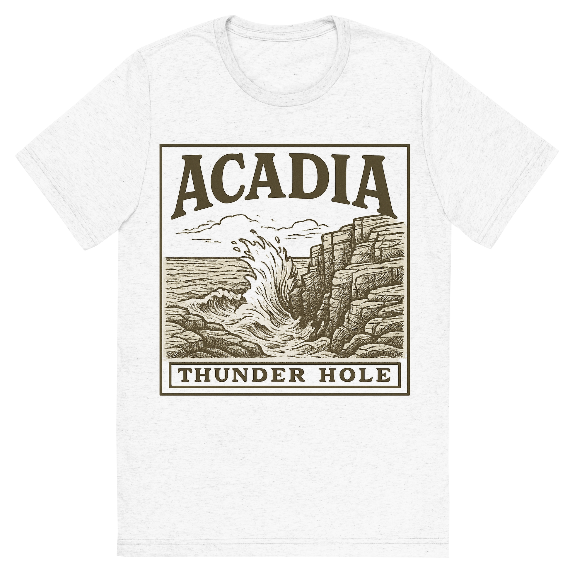 Front view of a Premium Tri-Blend Crew Neck T-Shirt in Solid White showing 'A typographic, nostalgic graphic of a typographic illustration of the words 'acadia' with a vintage line art drawing of thunder hole'