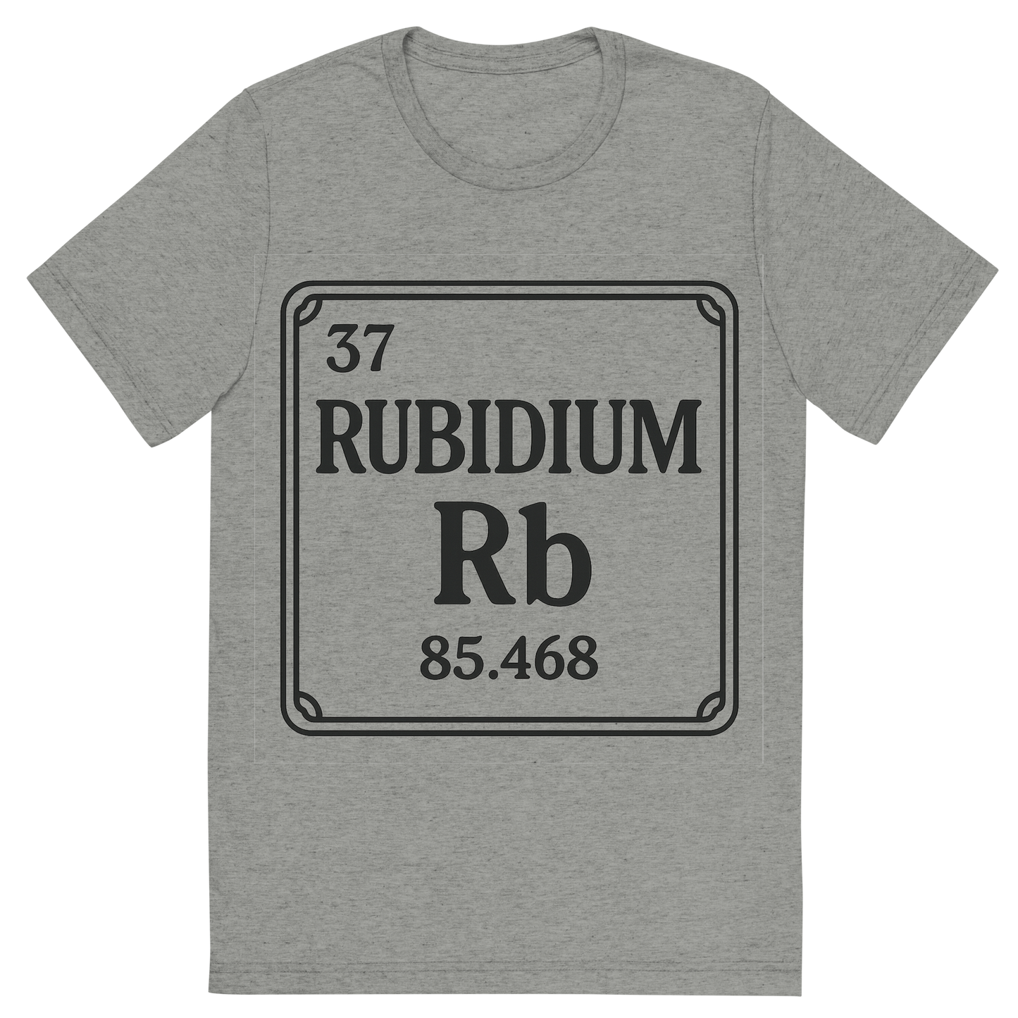 Front view of a Premium Tri-Blend Crew Neck T-Shirt in Athletic Grey showing 'A line art, nostalgic graphic of rubidium's entry on the periodic table, use a dark color for the lines and text'