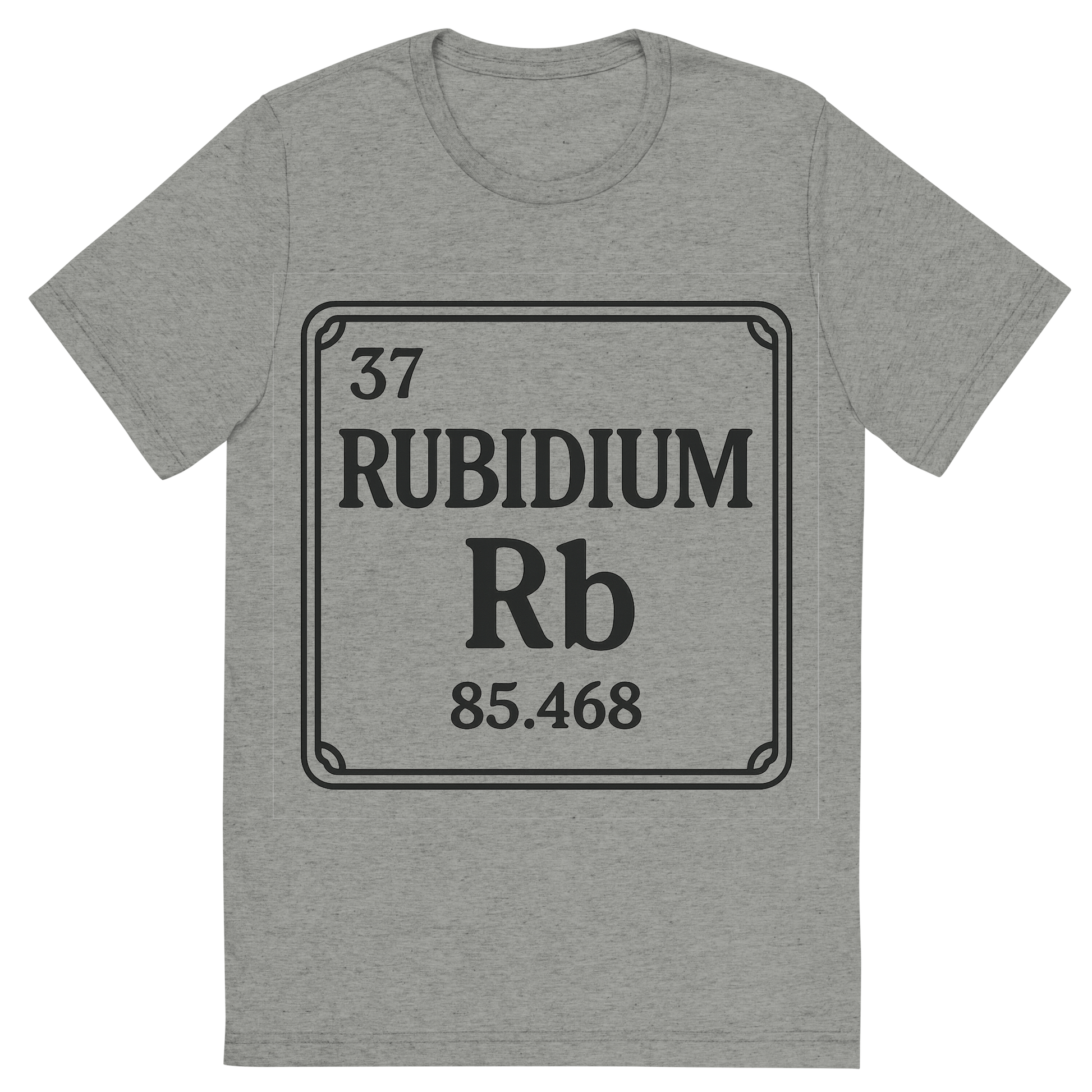 Front view of a Premium Tri-Blend Crew Neck T-Shirt in Athletic Grey showing 'A line art, nostalgic graphic of rubidium's entry on the periodic table, use a dark color for the lines and text'