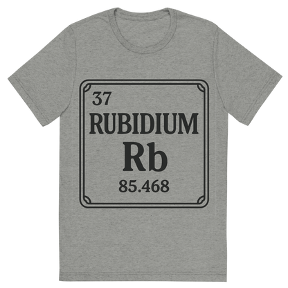 Front view of a Premium Tri-Blend Crew Neck T-Shirt in Athletic Grey showing 'A line art, nostalgic graphic of rubidium's entry on the periodic table, use a dark color for the lines and text'