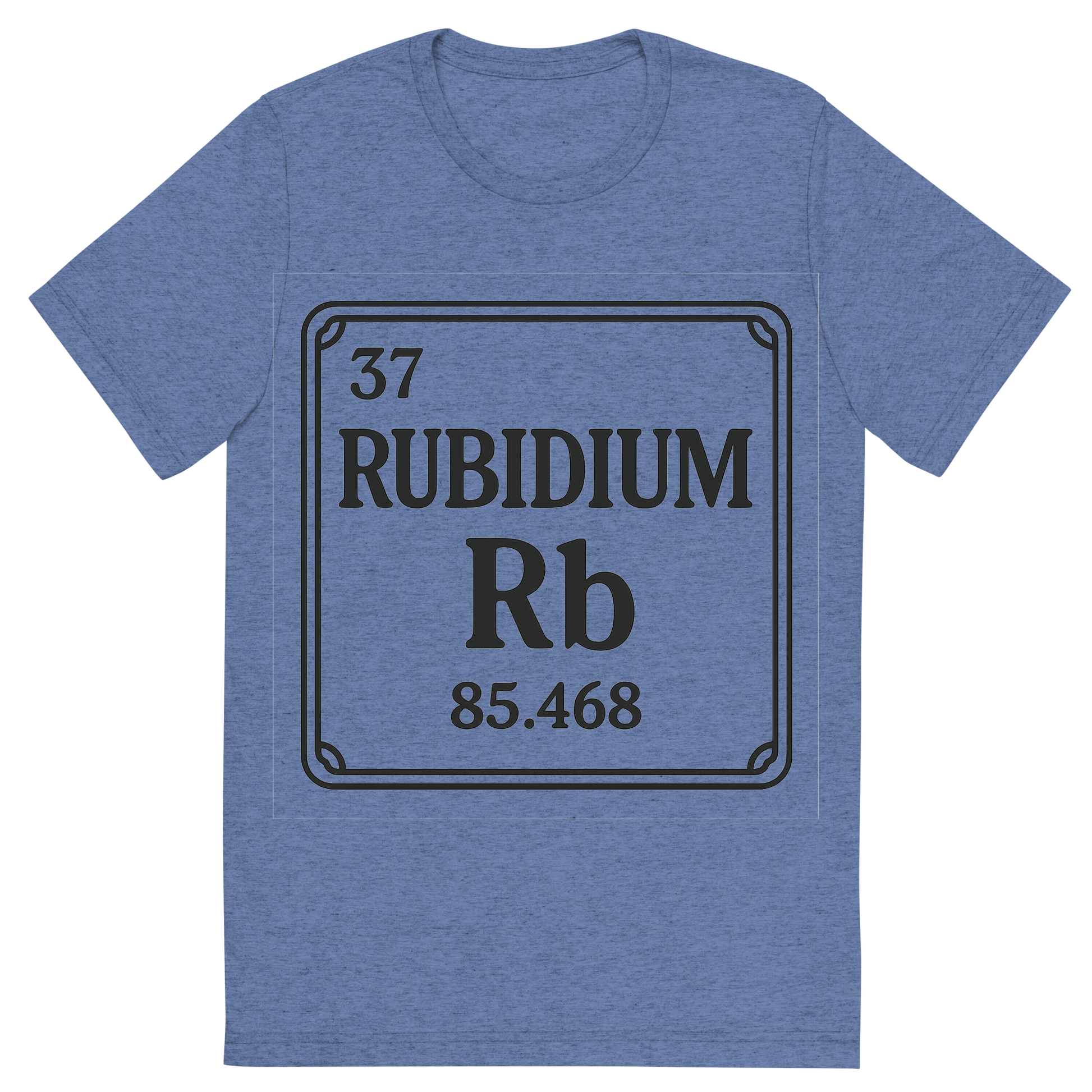Front view of a Premium Tri-Blend Crew Neck T-Shirt in Blue showing 'A line art, nostalgic graphic of rubidium's entry on the periodic table, use a dark color for the lines and text'