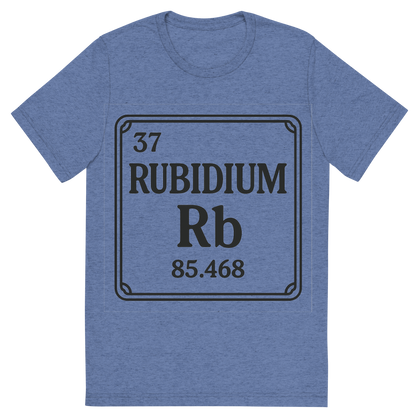 Front view of a Premium Tri-Blend Crew Neck T-Shirt in Blue showing 'A line art, nostalgic graphic of rubidium's entry on the periodic table, use a dark color for the lines and text'