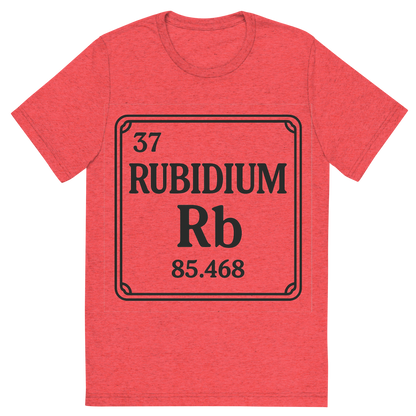 Front view of a Premium Tri-Blend Crew Neck T-Shirt in Red showing 'A line art, nostalgic graphic of rubidium's entry on the periodic table, use a dark color for the lines and text'