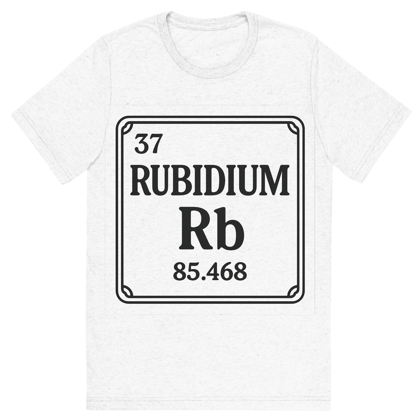 Front view of a Premium Tri-Blend Crew Neck T-Shirt in Solid White showing 'A line art, nostalgic graphic of rubidium's entry on the periodic table, use a dark color for the lines and text'