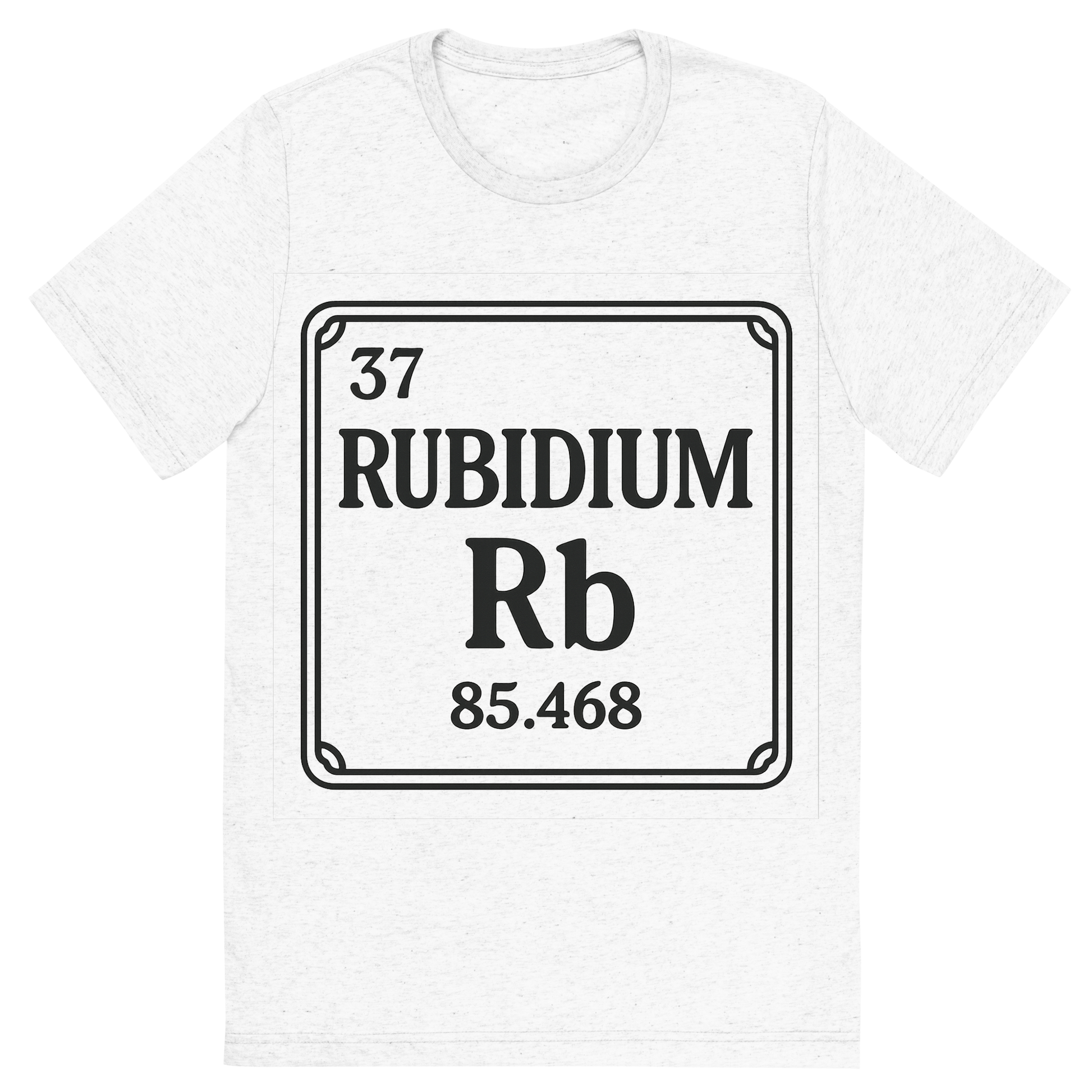 Front view of a Premium Tri-Blend Crew Neck T-Shirt in Solid White showing 'A line art, nostalgic graphic of rubidium's entry on the periodic table, use a dark color for the lines and text'