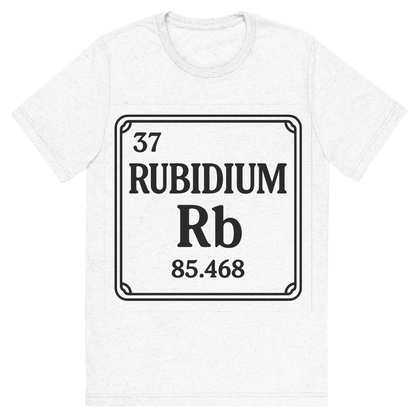 Front view of a Premium Tri-Blend Crew Neck T-Shirt in Solid White showing 'A line art, nostalgic graphic of rubidium's entry on the periodic table, use a dark color for the lines and text'