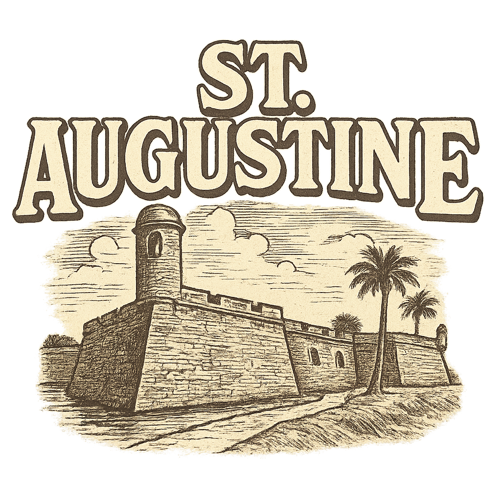 A typographic, nostalgic graphic of a typographic illustration of the words 'st. augustine' with a vintage line art drawing of the castillo de san marcos – a t-shirt design