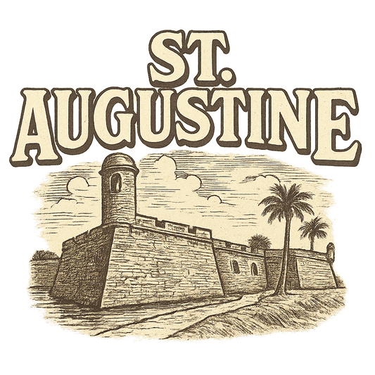 A typographic, nostalgic graphic of a typographic illustration of the words 'st. augustine' with a vintage line art drawing of the castillo de san marcos – a t-shirt design