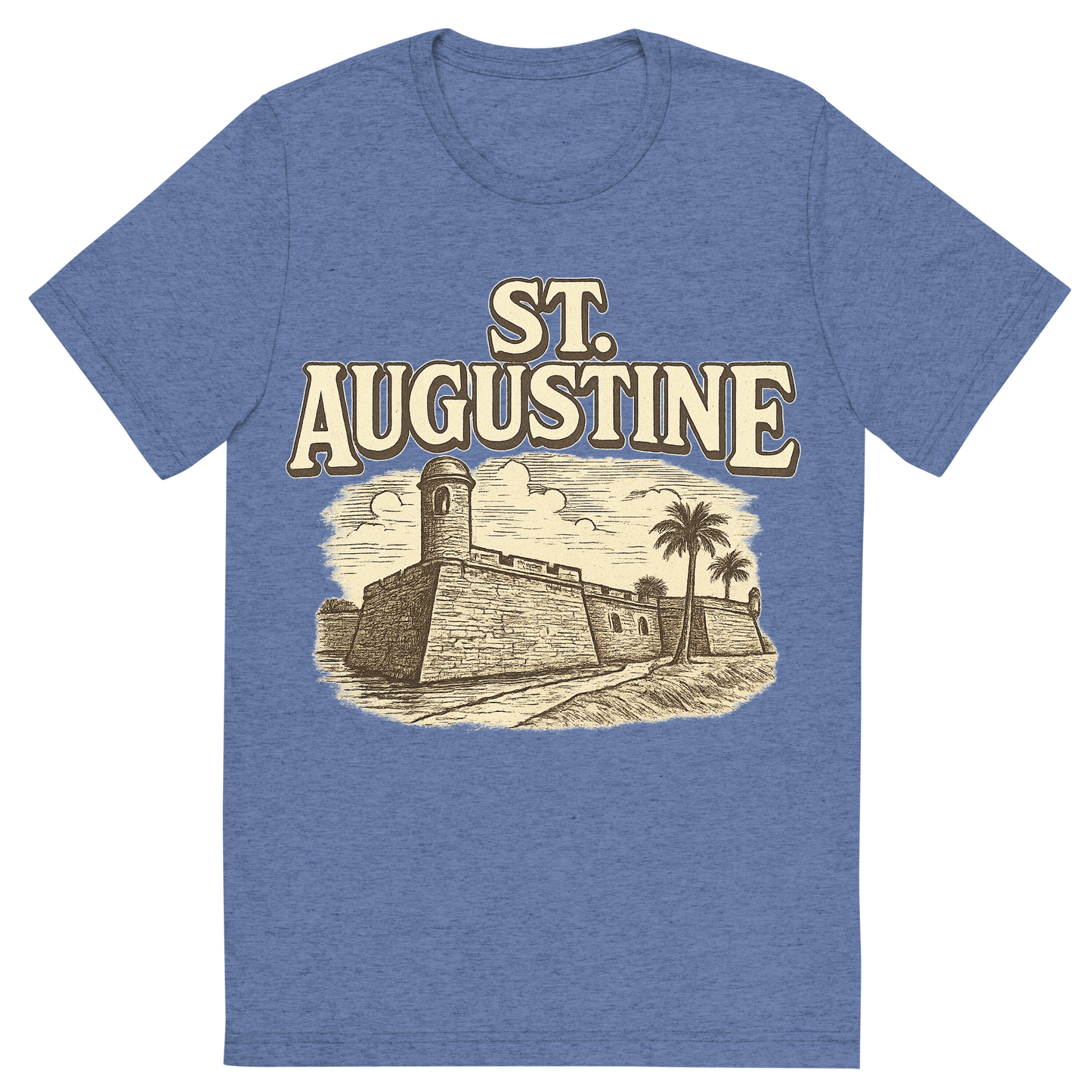 Front view of a Premium Tri-Blend Crew Neck T-Shirt in Blue showing 'A typographic, nostalgic graphic of a typographic illustration of the words 'st. augustine' with a vintage line art drawing of the castillo de san marcos'