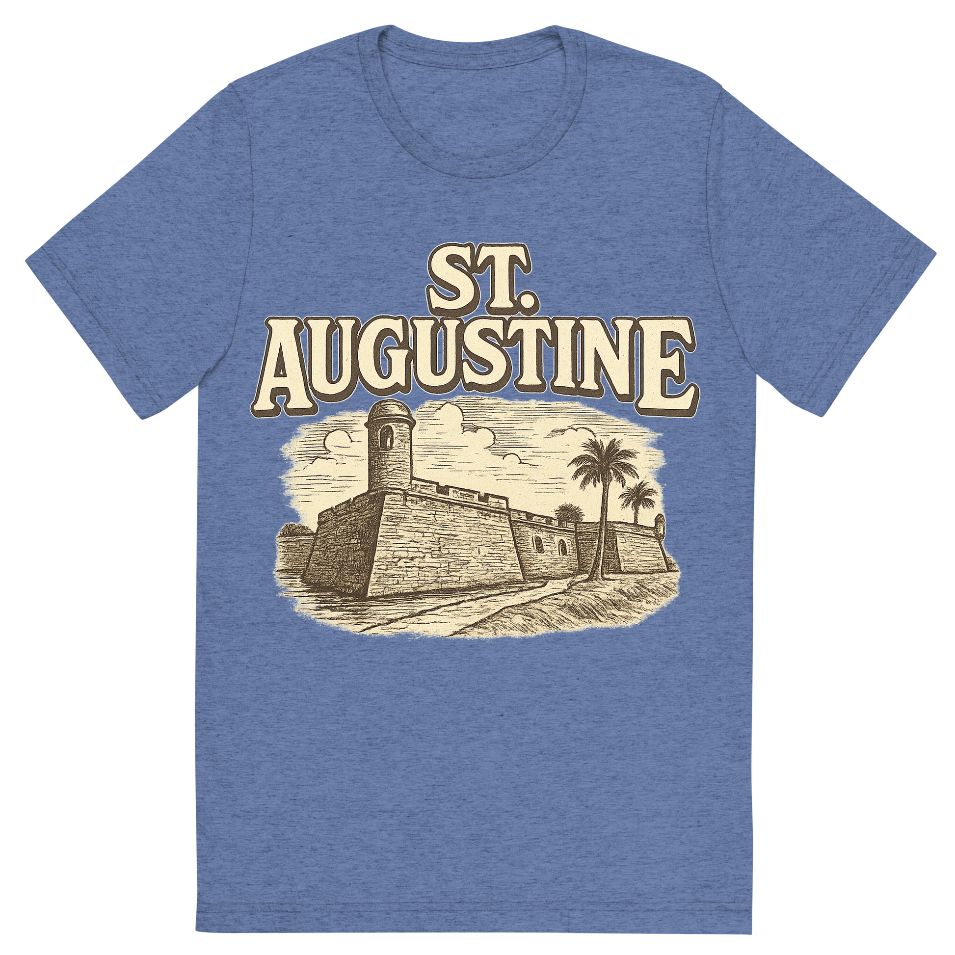 Front view of a Premium Tri-Blend Crew Neck T-Shirt in Blue showing 'A typographic, nostalgic graphic of a typographic illustration of the words 'st. augustine' with a vintage line art drawing of the castillo de san marcos'