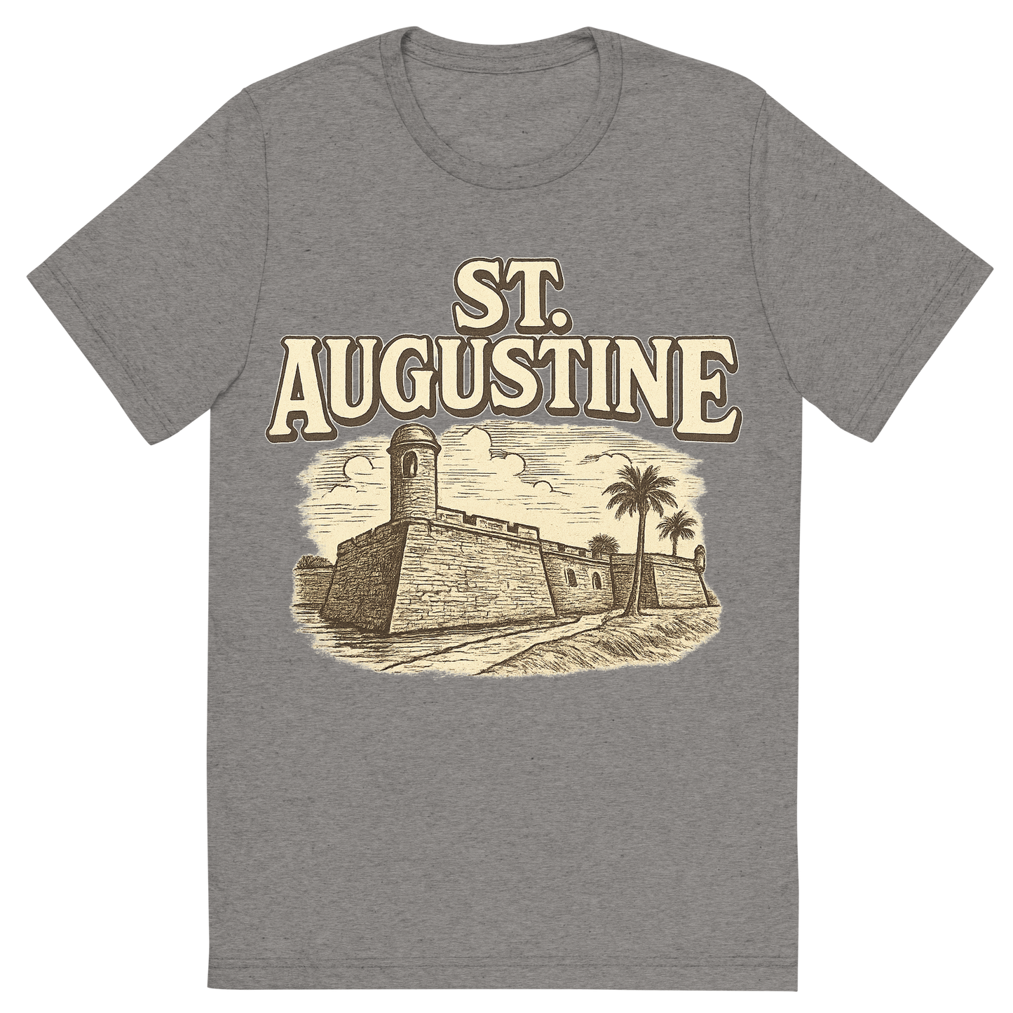 Front view of a Premium Tri-Blend Crew Neck T-Shirt in Grey showing 'A typographic, nostalgic graphic of a typographic illustration of the words 'st. augustine' with a vintage line art drawing of the castillo de san marcos'